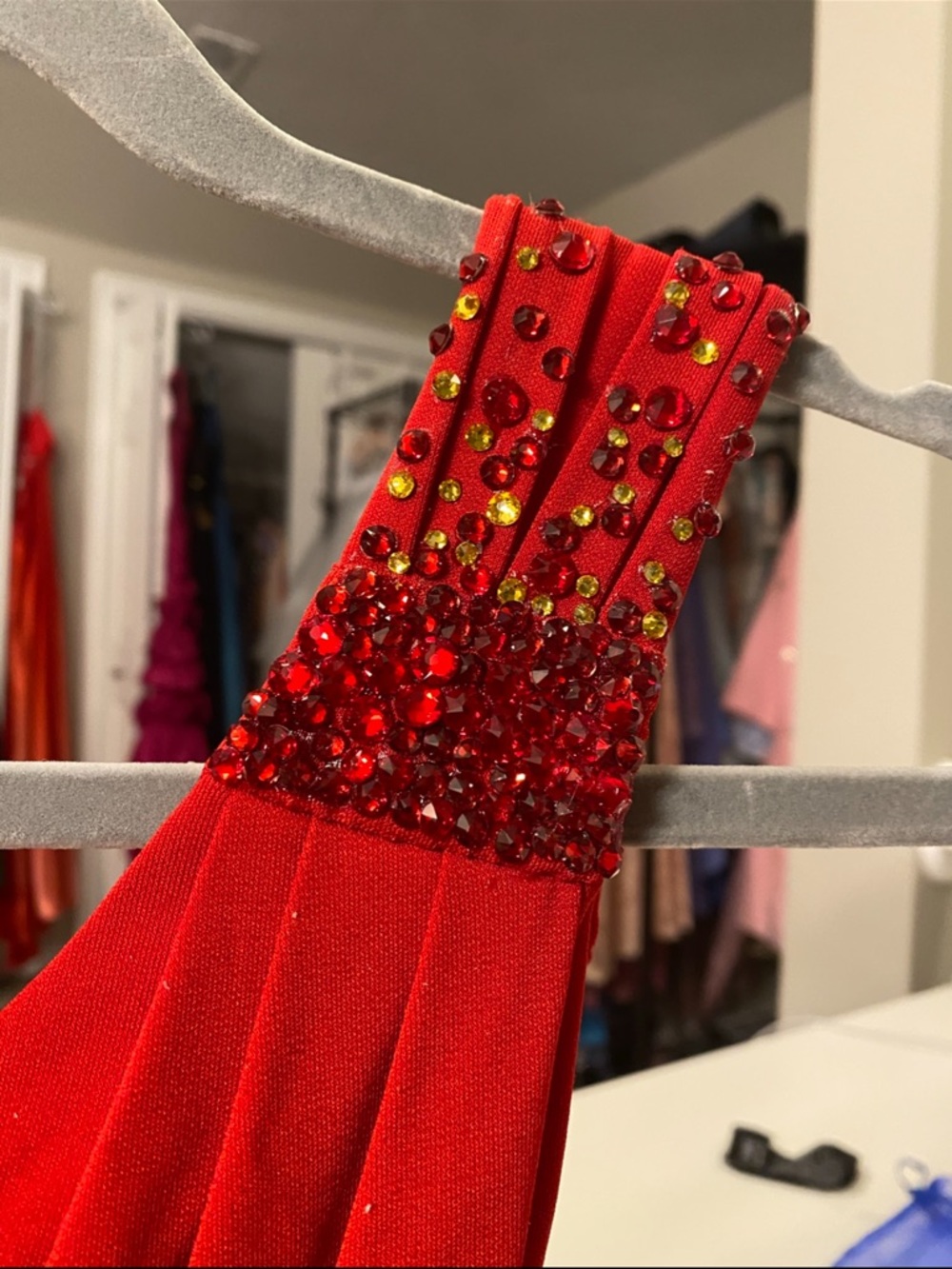 Swarovski Crystal Red Cape Dress with Pleated Shoulder - Picture 7 of 8